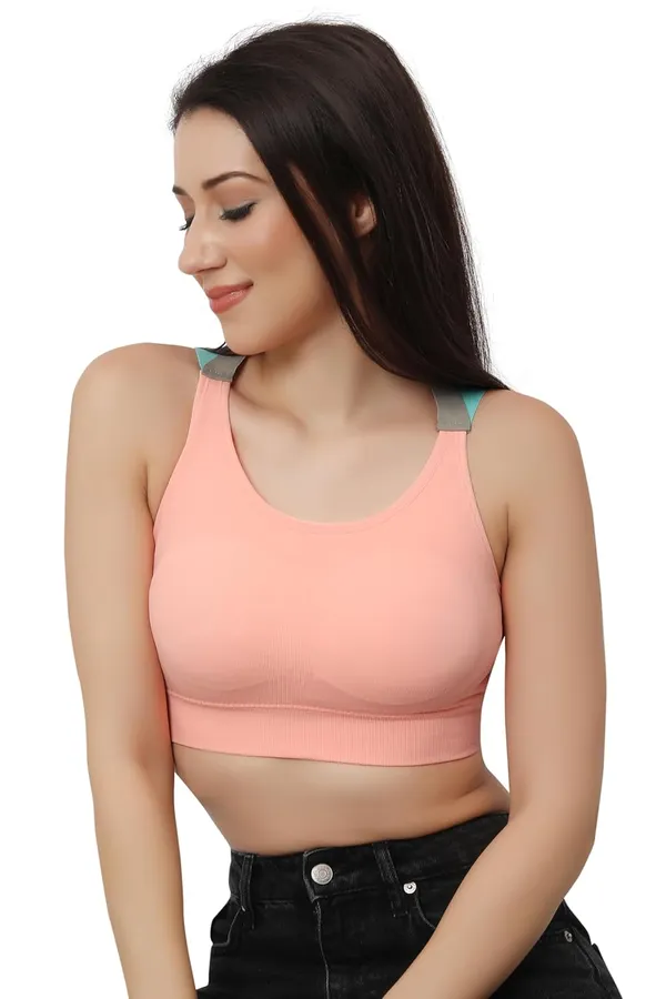 Peach+Blue_Dual_Tone_Padded_Full_Coverage_Quick_Dry_Shockproof_Racerback_Sports_Bra_With_Removable_Pads_Size_For_Women