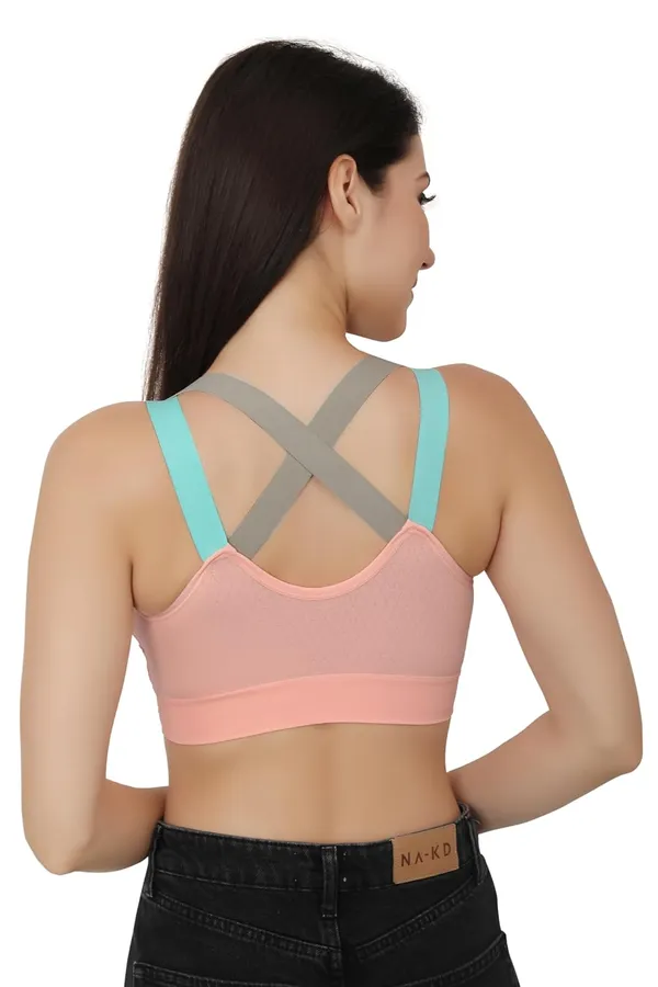Peach+Blue_Dual_Tone_Padded_Full_Coverage_Quick_Dry_Shockproof_Racerback_Sports_Bra_With_Removable_Pads_Size_For_Women