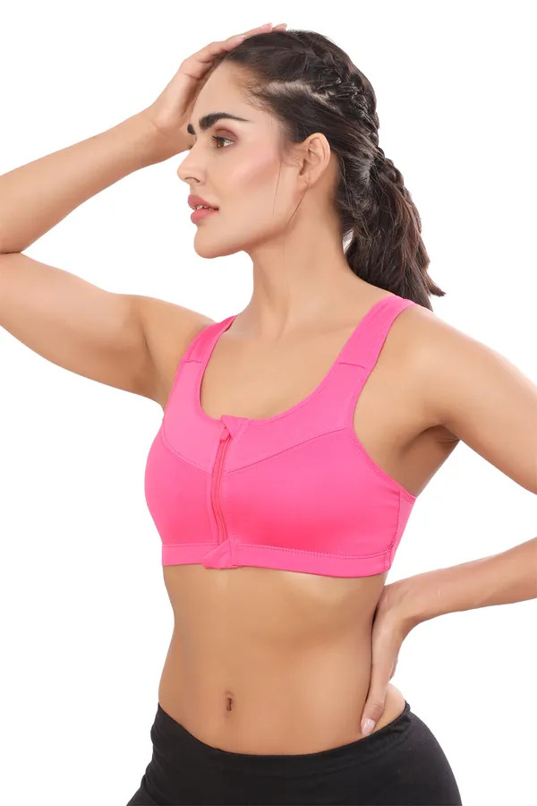 Pink_High_Support_Padded_Front_Zip_Racerback_Sports_Bra_With_Adjustable_Straps_For_Women