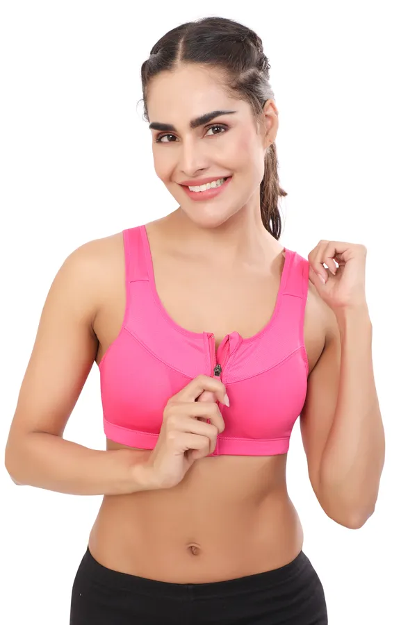 Pink_High_Support_Padded_Front_Zip_Racerback_Sports_Bra_With_Adjustable_Straps_For_Women