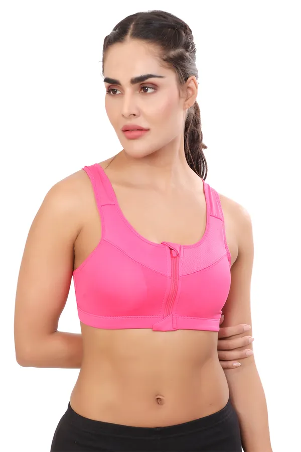 Pink_High_Support_Padded_Front_Zip_Racerback_Sports_Bra_With_Adjustable_Straps_For_Women