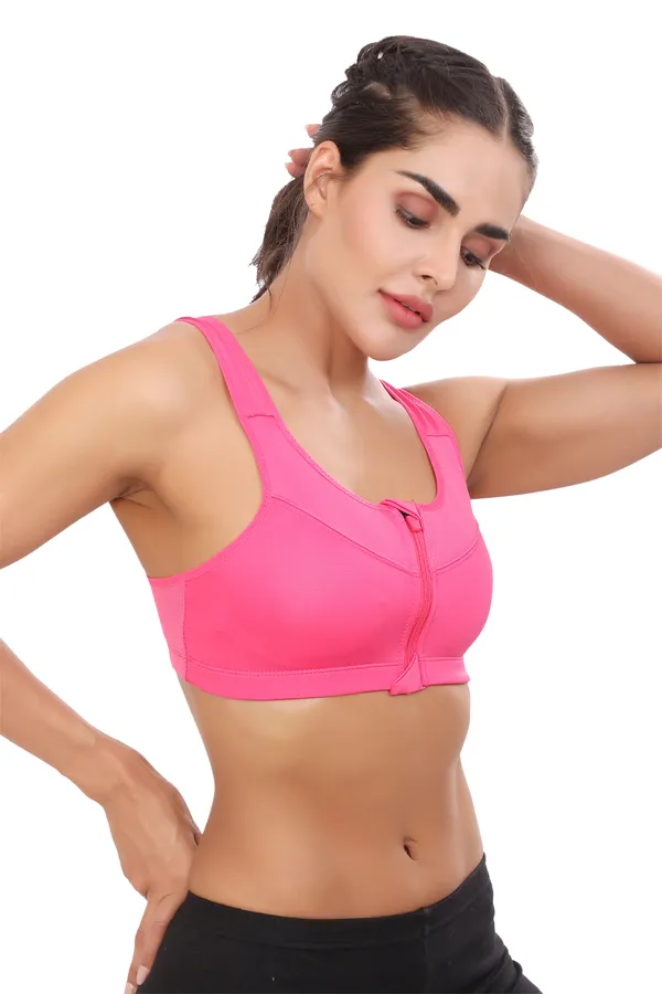 Pink_High_Support_Padded_Front_Zip_Racerback_Sports_Bra_With_Adjustable_Straps_For_Women