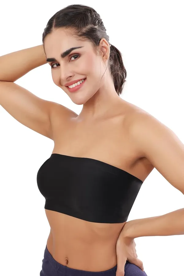 Black_Nylon_&_Spandex_Lightly_Padded_Non-Wired_Bandeau/Tube_Bra_|_Easy_To_Wear_|_All_Day_Comfort_|_Icy_Silk_Material_Black_For_Women
