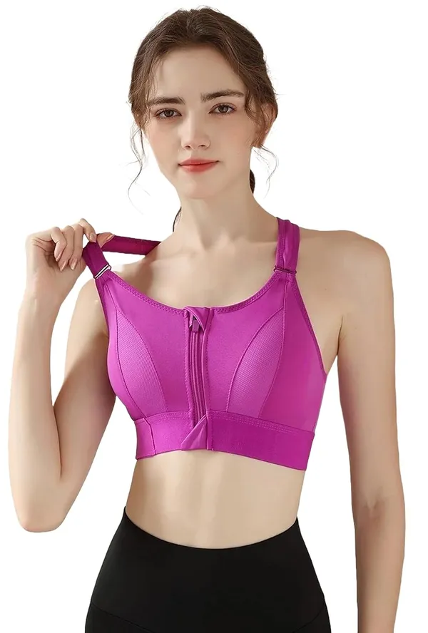 Magenta_Padded_Front_Zip_High_Support_Racerback_Sports_Bra_For_With_Adjustable_Straps,_Moisture-Wicking_4-Way_Stretch_Fabric_For_Women
