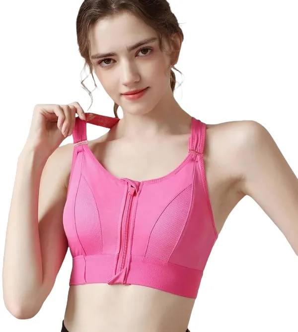 Pink_Padded_Front_Zip_High_Support_Racerback_Sports_Bra_For_With_Adjustable_Straps,_Moisture-Wicking_4-Way_Stretch_Fabric_For_Women