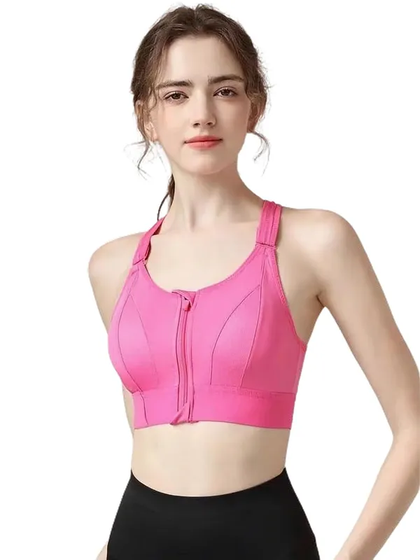 Pink_Padded_Front_Zip_High_Support_Racerback_Sports_Bra_For_With_Adjustable_Straps,_Moisture-Wicking_4-Way_Stretch_Fabric_For_Women