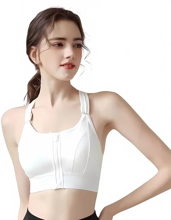 White_Padded_Front_Zip_High_Support_Racerback_Sports_Bra_For_With_Adjustable_Straps,_Moisture-Wicking_4-Way_Stretch_Fabric_For_Women