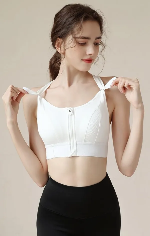 White_Padded_Front_Zip_High_Support_Racerback_Sports_Bra_For_With_Adjustable_Straps,_Moisture-Wicking_4-Way_Stretch_Fabric_For_Women