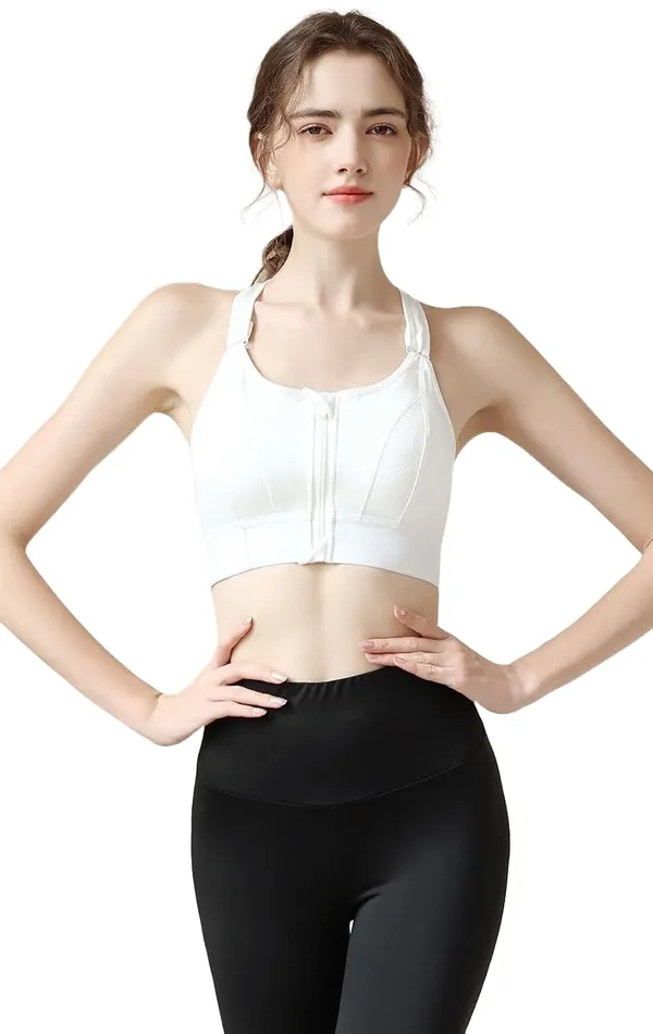 White_Padded_Front_Zip_High_Support_Racerback_Sports_Bra_For_With_Adjustable_Straps,_Moisture-Wicking_4-Way_Stretch_Fabric_For_Women