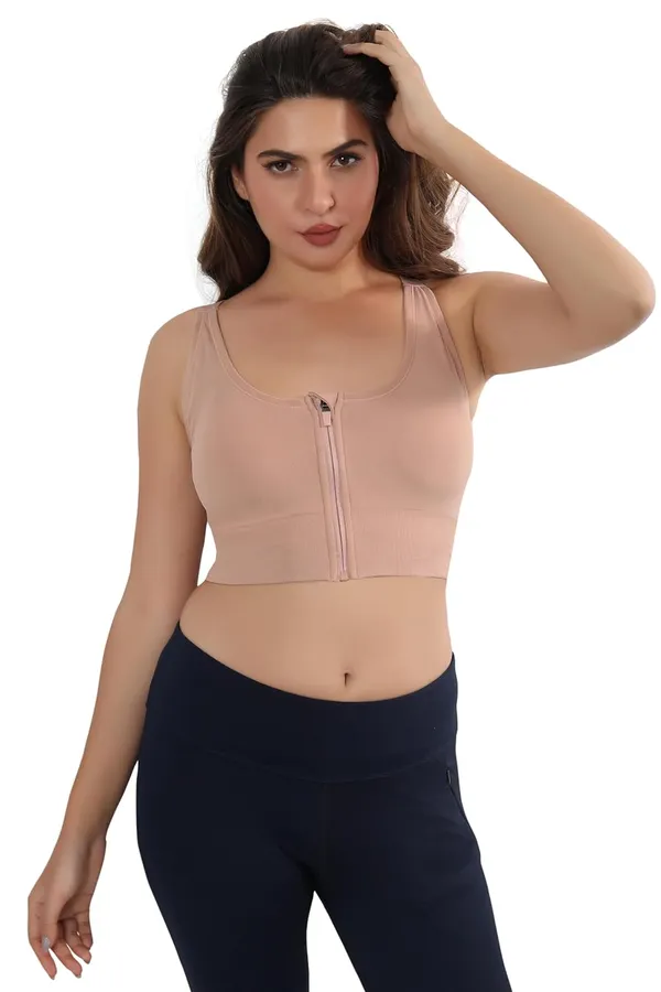 Beige_Front_Zip_Longline_Sports_Bra_With_Removable_Pads_|_Double_Criss_Cross_Back_Support_|_Seamless_Padded_High_Support_For_Women
