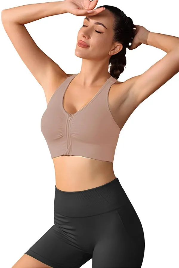 Beige_Front_Zip_Longline_Sports_Bra_With_Removable_Pads_|_Double_Criss_Cross_Back_Support_|_Seamless_Padded_High_Support_For_Women
