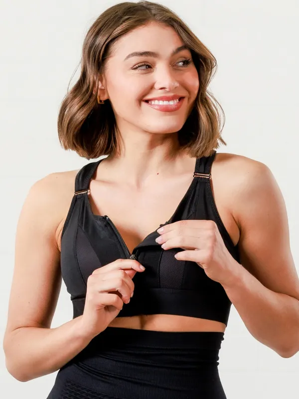 Black_Padded_Front_Zip_High_Support_Racerback_Sports_Bra_For_With_Adjustable_Straps,_Moisture-Wicking_4-Way_Stretch_Fabric_For_Women