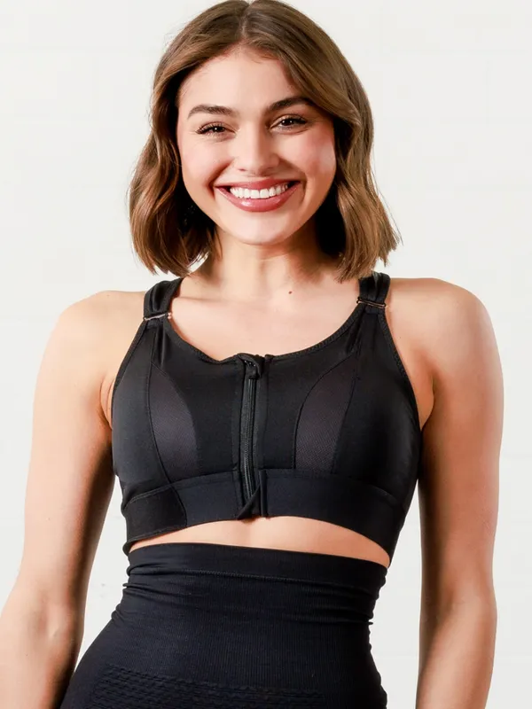 Black_Padded_Front_Zip_High_Support_Racerback_Sports_Bra_For_With_Adjustable_Straps,_Moisture-Wicking_4-Way_Stretch_Fabric_For_Women
