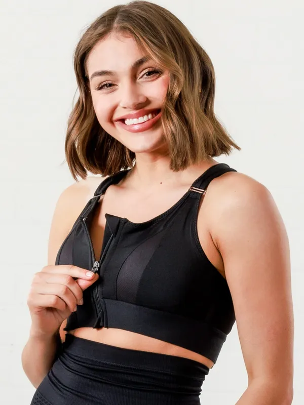 Black_Padded_Front_Zip_High_Support_Racerback_Sports_Bra_For_With_Adjustable_Straps,_Moisture-Wicking_4-Way_Stretch_Fabric_For_Women