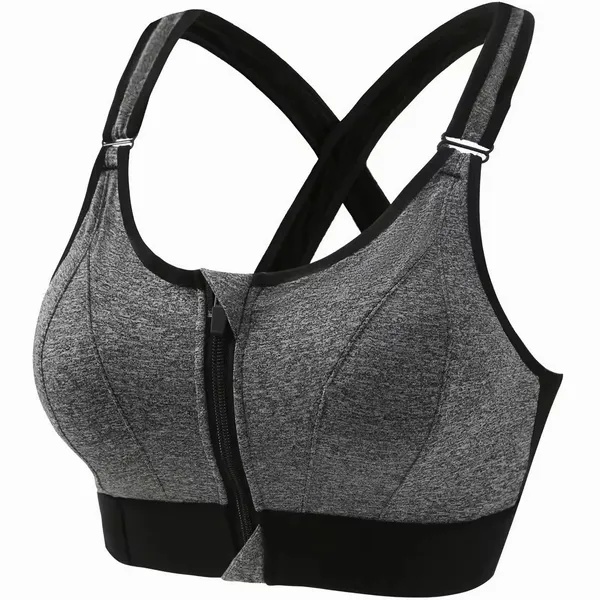 Grey_Padded_Front_Zip_High_Support_Racerback_Sports_Bra_For_With_Adjustable_Straps,_Moisture-Wicking_4-Way_Stretch_Fabric_For_Women