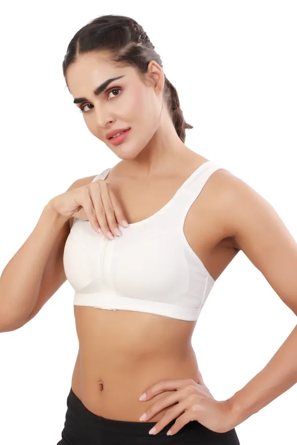 White_High_Support_Padded_Front_Zip_Racerback_Sports_Bra_With_Adjustable_Straps_For_Women