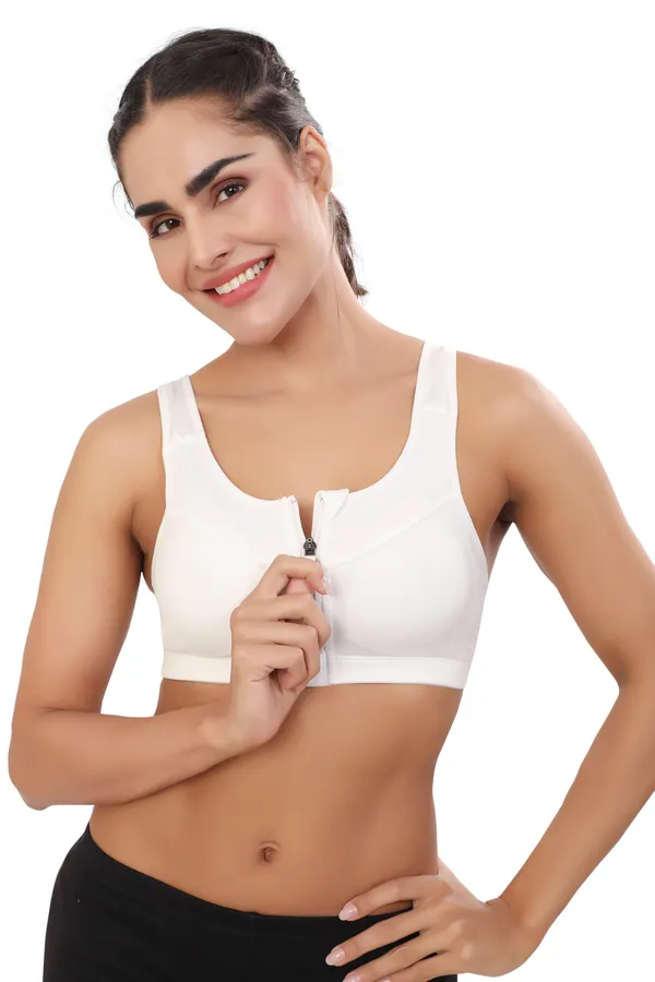 White_High_Support_Padded_Front_Zip_Racerback_Sports_Bra_With_Adjustable_Straps_For_Women