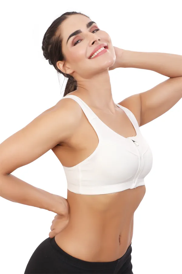 White_High_Support_Padded_Front_Zip_Racerback_Sports_Bra_With_Adjustable_Straps_For_Women