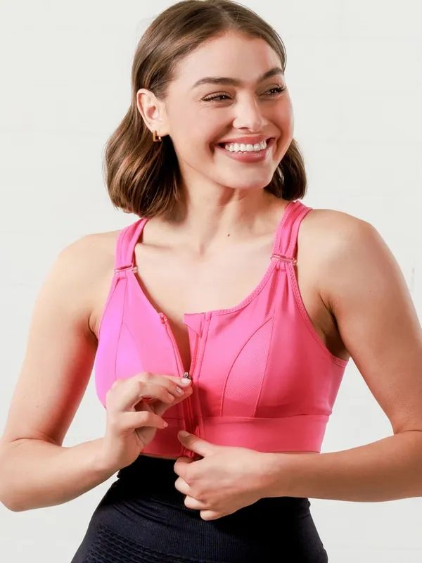 Pink_Padded_Front_Zip_High_Support_Racerback_Sports_Bra_For_With_Adjustable_Straps,_Moisture-Wicking_4-Way_Stretch_Fabric_For_Women