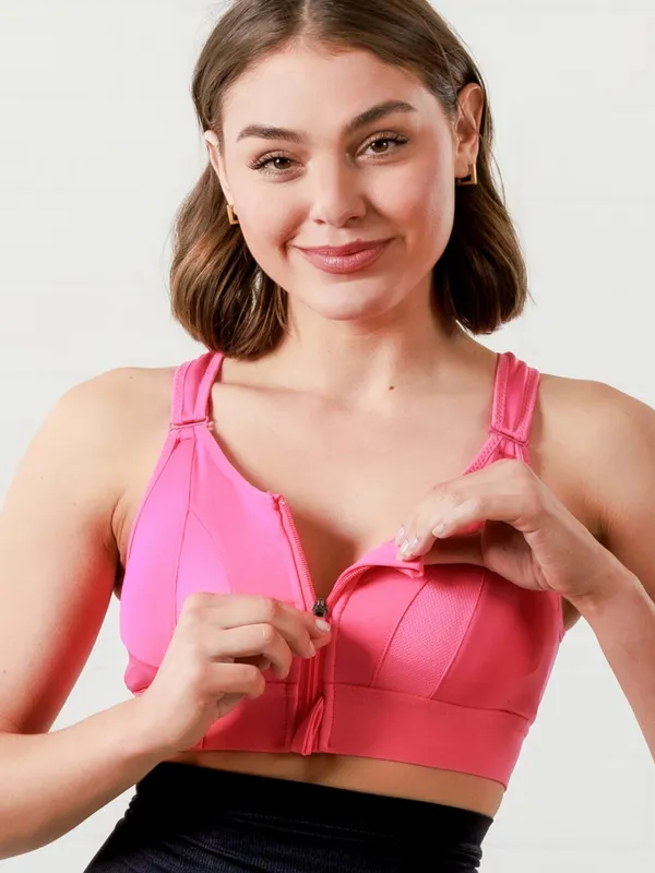 Pink_Padded_Front_Zip_High_Support_Racerback_Sports_Bra_For_With_Adjustable_Straps,_Moisture-Wicking_4-Way_Stretch_Fabric_For_Women