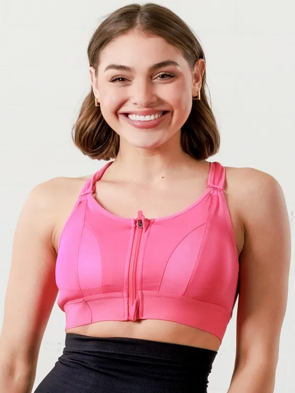 Pink_Padded_Front_Zip_High_Support_Racerback_Sports_Bra_For_With_Adjustable_Straps,_Moisture-Wicking_4-Way_Stretch_Fabric_For_Women