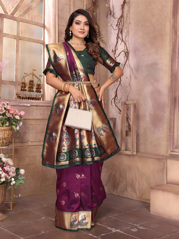 Majestic_Wine_Purple_Pathani_Silk_Saree_with_Bottle_Green_Blouse,_Rich_Golden_Zari_Border_&_Peacock_Motif_Pallu_for_Festive_and_Bridal_Wear