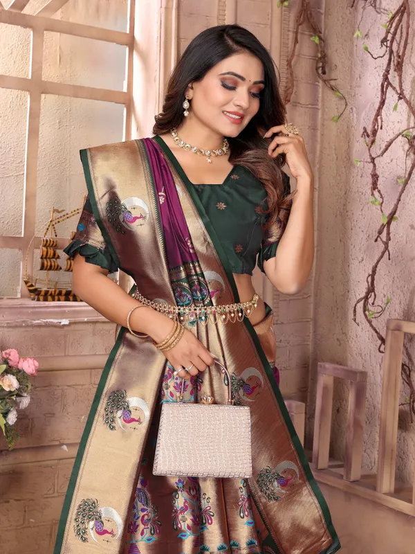 Majestic_Wine_Purple_Pathani_Silk_Saree_with_Bottle_Green_Blouse,_Rich_Golden_Zari_Border_&_Peacock_Motif_Pallu_for_Festive_and_Bridal_Wear