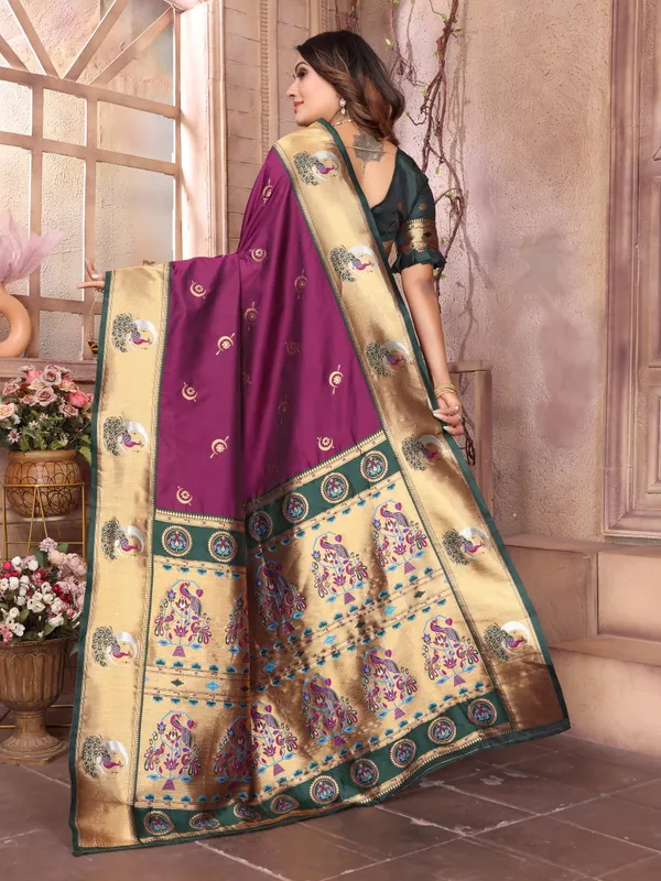 Majestic_Wine_Purple_Pathani_Silk_Saree_with_Bottle_Green_Blouse,_Rich_Golden_Zari_Border_&_Peacock_Motif_Pallu_for_Festive_and_Bridal_Wear
