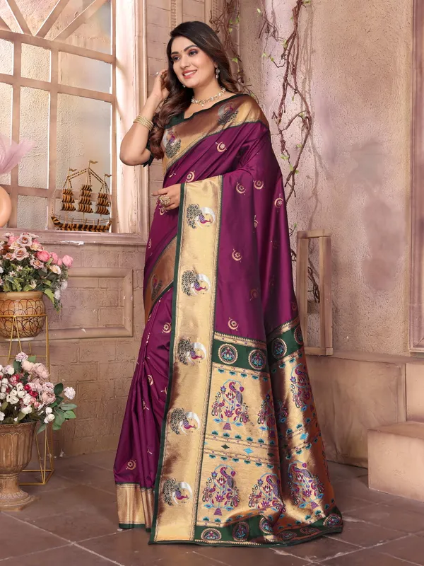 Majestic_Wine_Purple_Pathani_Silk_Saree_with_Bottle_Green_Blouse,_Rich_Golden_Zari_Border_&_Peacock_Motif_Pallu_for_Festive_and_Bridal_Wear