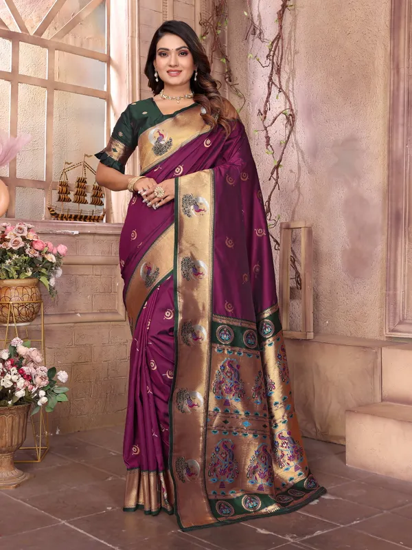 Majestic_Wine_Purple_Pathani_Silk_Saree_with_Bottle_Green_Blouse,_Rich_Golden_Zari_Border_&_Peacock_Motif_Pallu_for_Festive_and_Bridal_Wear