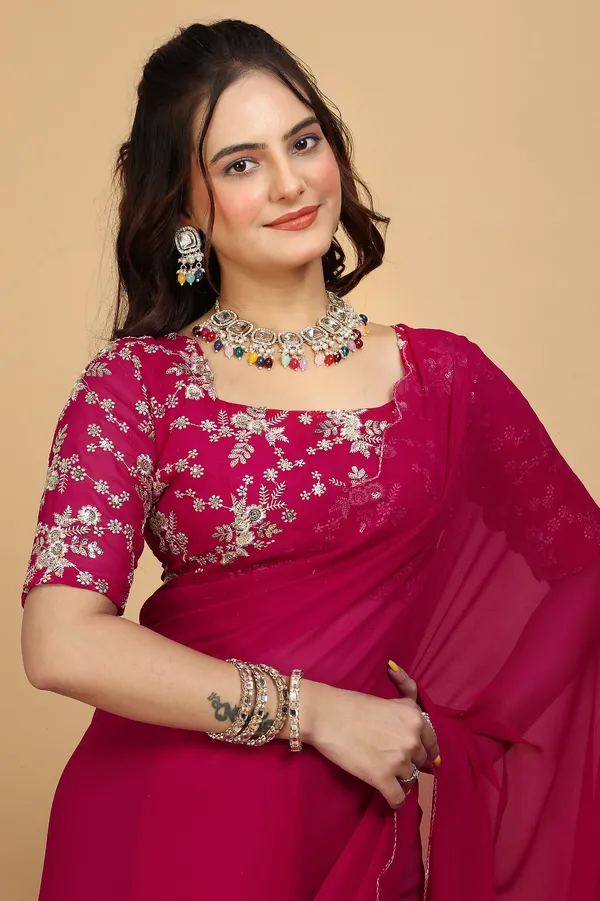 Red_Georgette_Saree_With_Embroidered_Blouse_Piece_For_Women