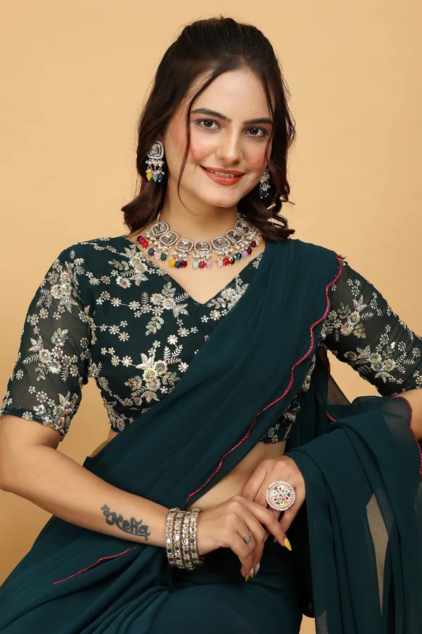 Teal_Georgette_Saree_With_Embroidered_Blouse_Piece_For_Women
