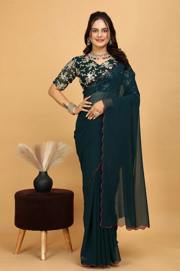 Teal_Georgette_Saree_With_Embroidered_Blouse_Piece_For_Women