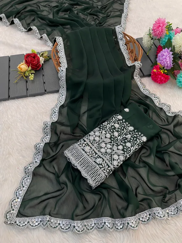 Green_Chiffon_Saree_With_Blouse_For_Women