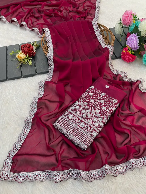 Red_Chiffon_Saree_With_Blouse_For_Women