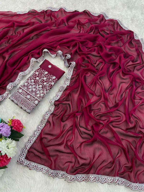 Red_Chiffon_Saree_With_Blouse_For_Women