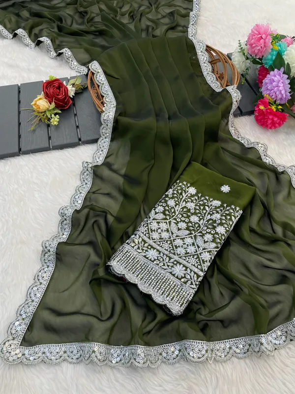 Mehendi_Chiffon_Saree_With_Blouse_For_Women