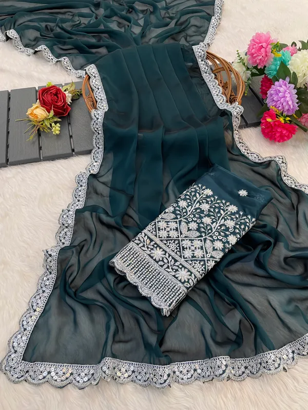 Navy_Blue_Chiffon_Saree_With_Blouse_For_Women