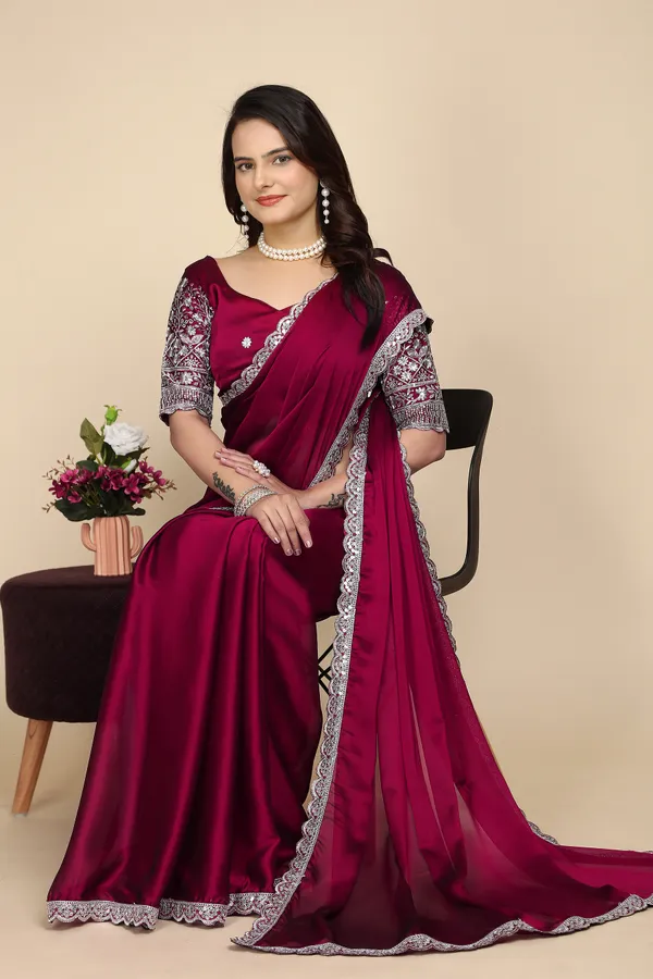 Red_Chiffon_Saree_With_Blouse_For_Women