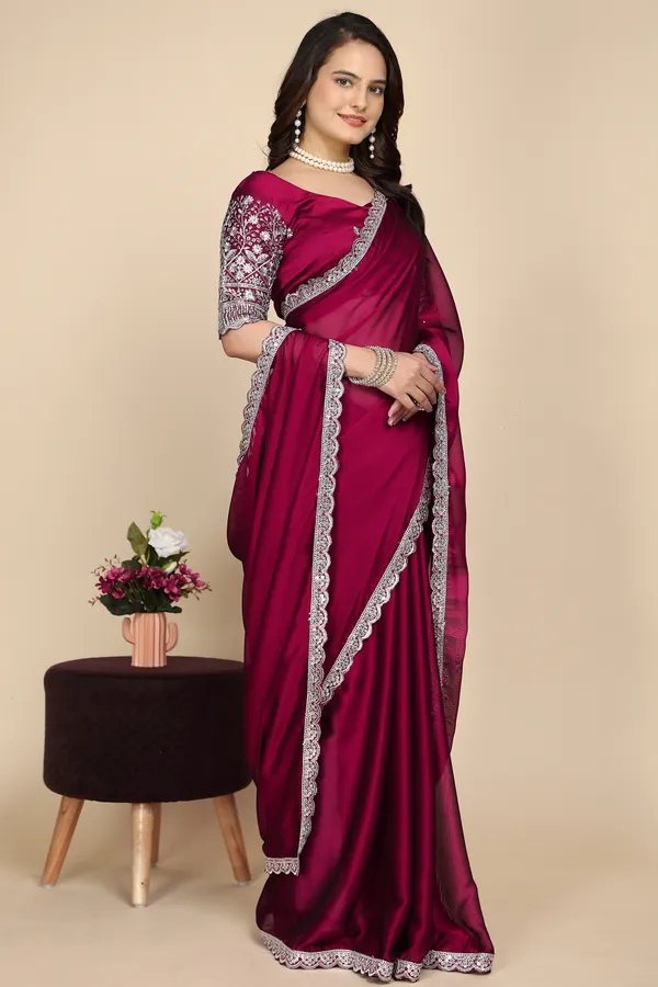 Red_Chiffon_Saree_With_Blouse_For_Women