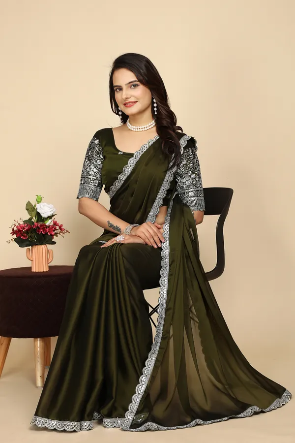 Mehendi_Chiffon_Saree_With_Blouse_For_Women