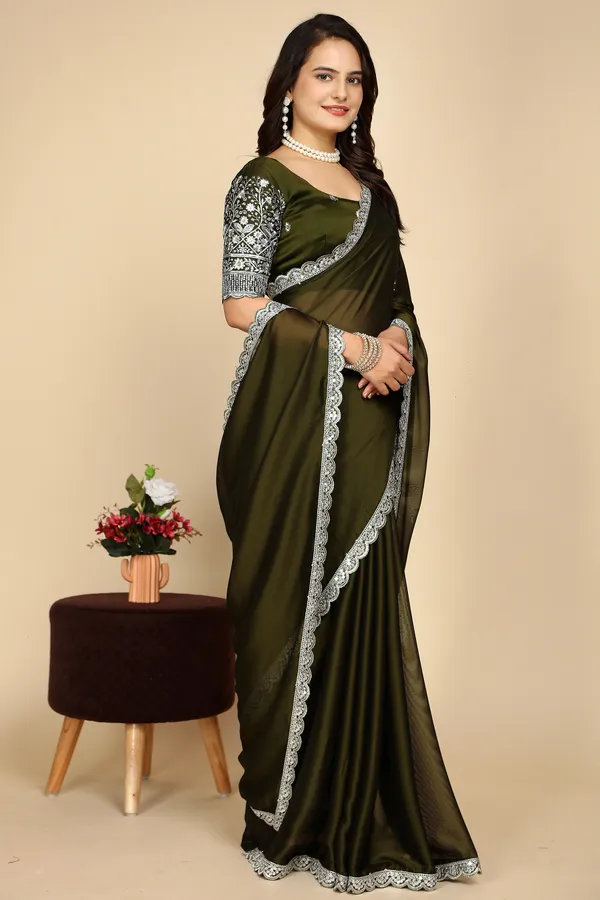 Mehendi_Chiffon_Saree_With_Blouse_For_Women