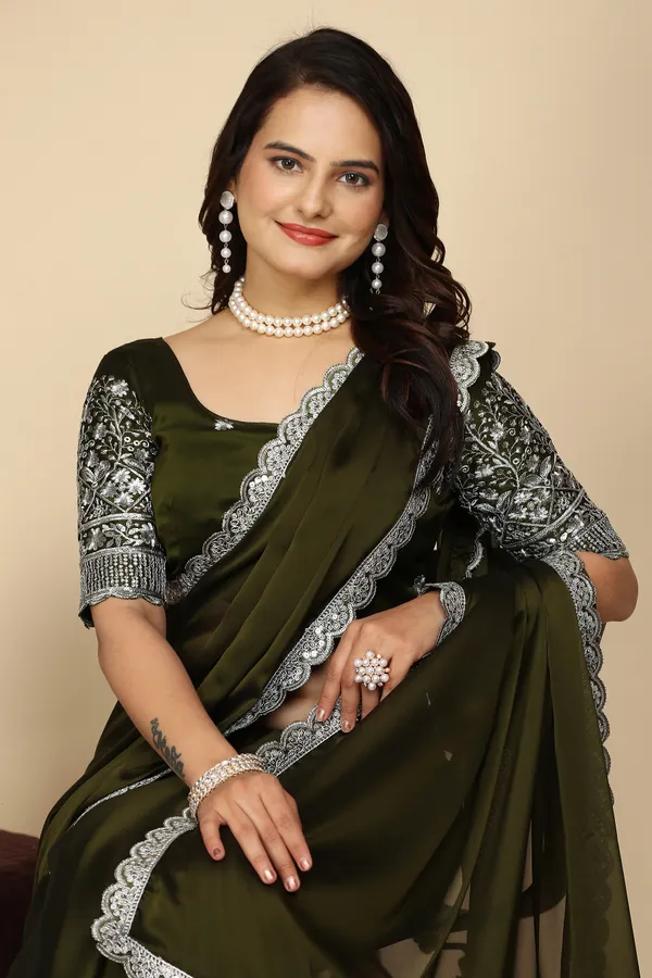Mehendi_Chiffon_Saree_With_Blouse_For_Women