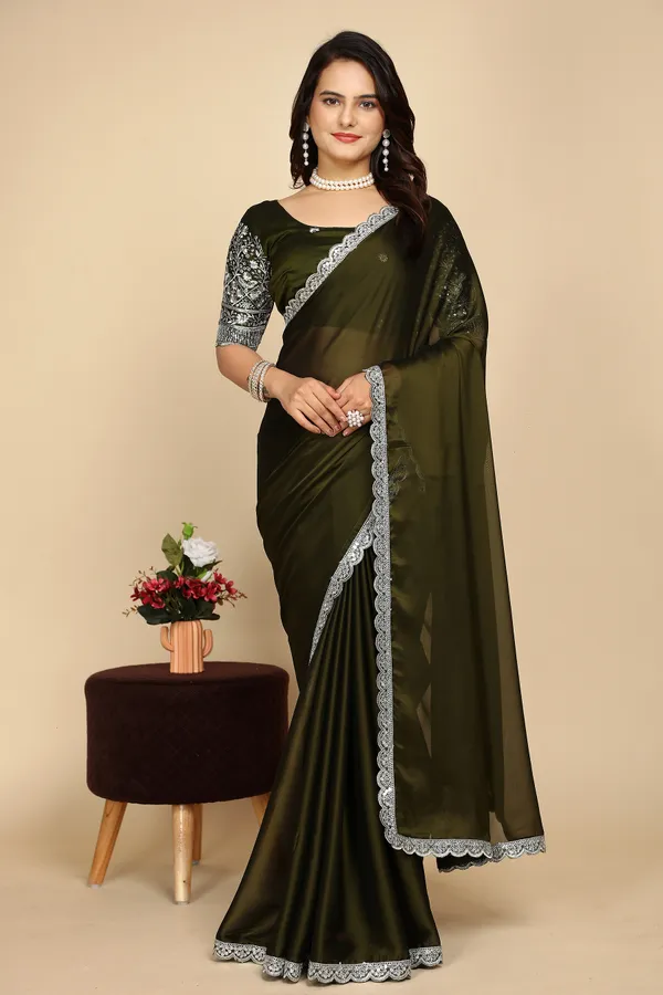 Mehendi_Chiffon_Saree_With_Blouse_For_Women