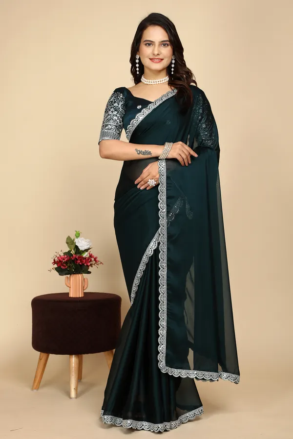 Navy_Blue_Chiffon_Saree_With_Blouse_For_Women