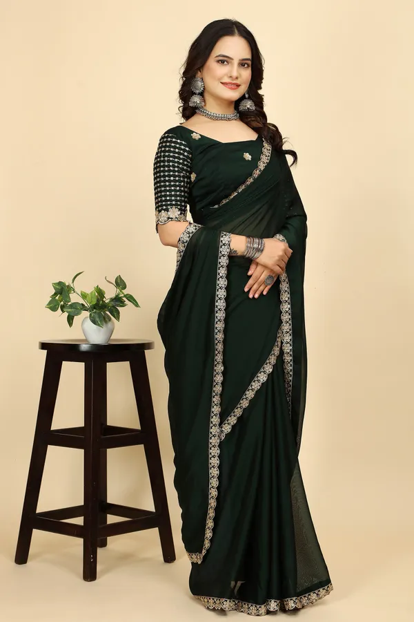 Green_Chiffon_Saree_With_Blouse_Piece_For_Women