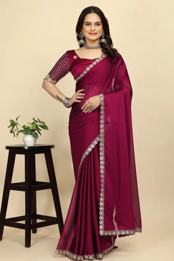 Red_Chiffon_Saree_With_Blouse_Piece_For_Women