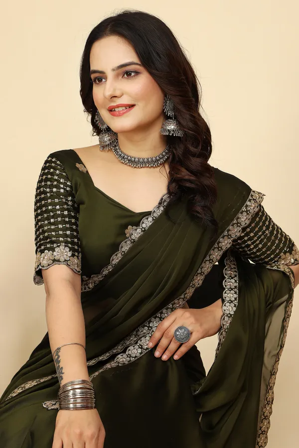 Mehendi_Chiffon_Saree_With_Blouse_Piece_For_Women