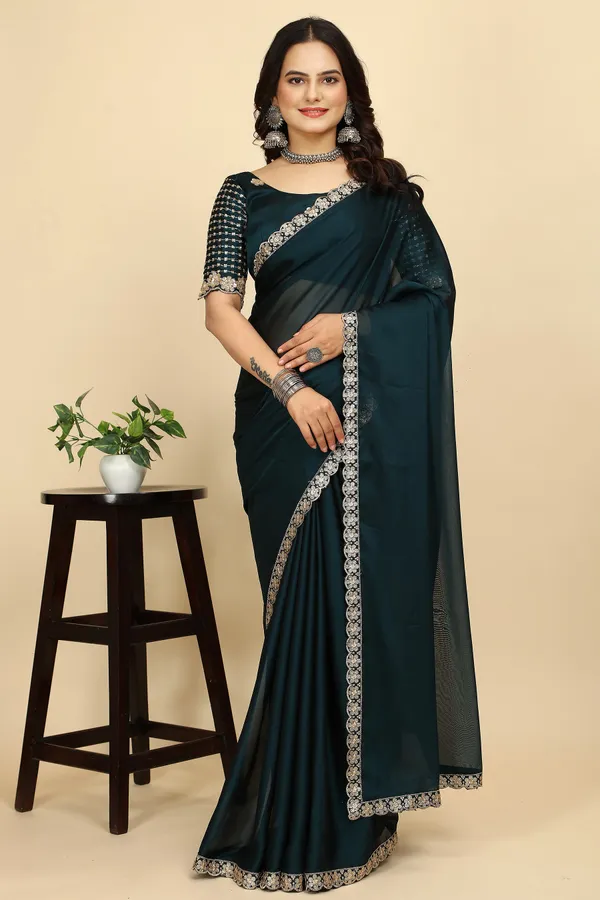 Teal_Chiffon_Saree_With_Blouse_Piece_For_Women