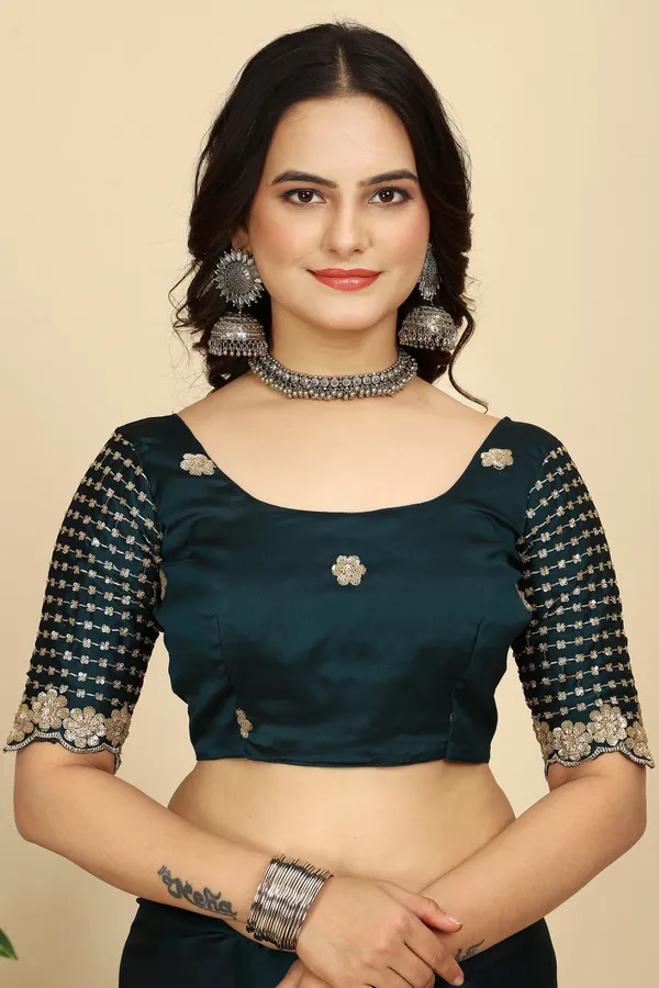 Teal_Chiffon_Saree_With_Blouse_Piece_For_Women